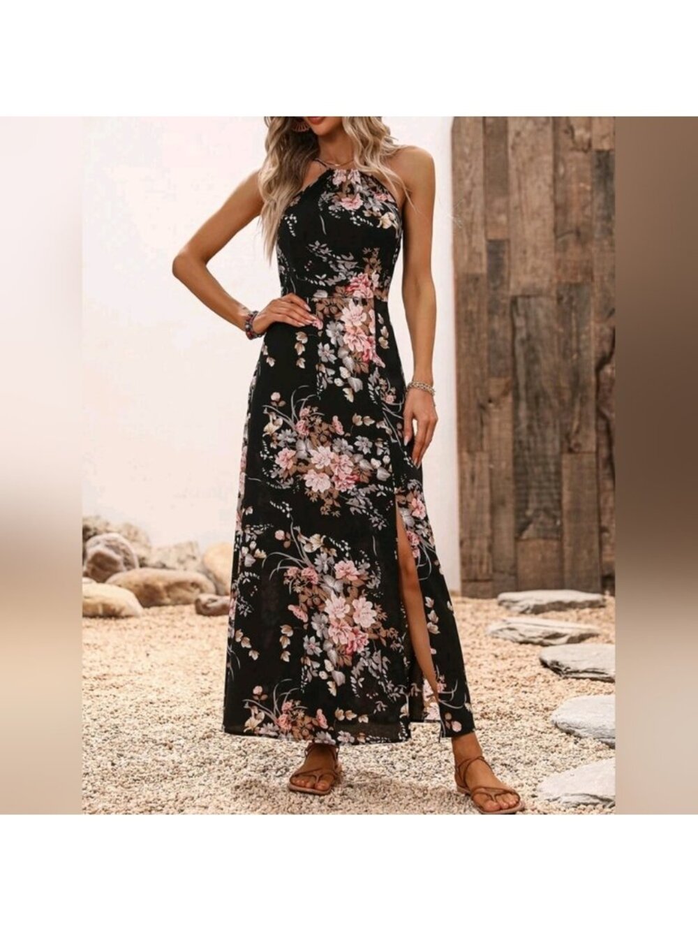 New Boho Floral Tie Halter Long Split Dress Black Pink - Picture 4 of 8